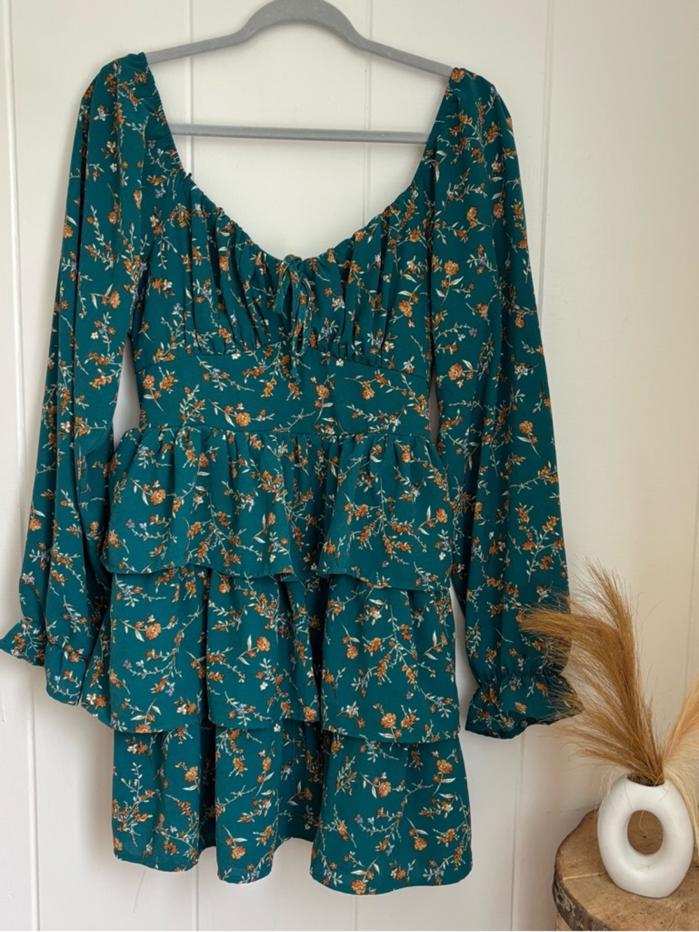 Teal Floral Tiered Long-Sleeve Dress by - Picture 2 of 6